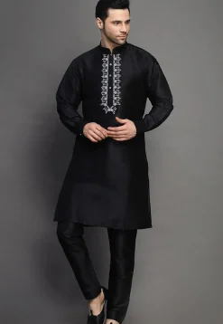 Embroidered Art Silk Kurta Set in Black