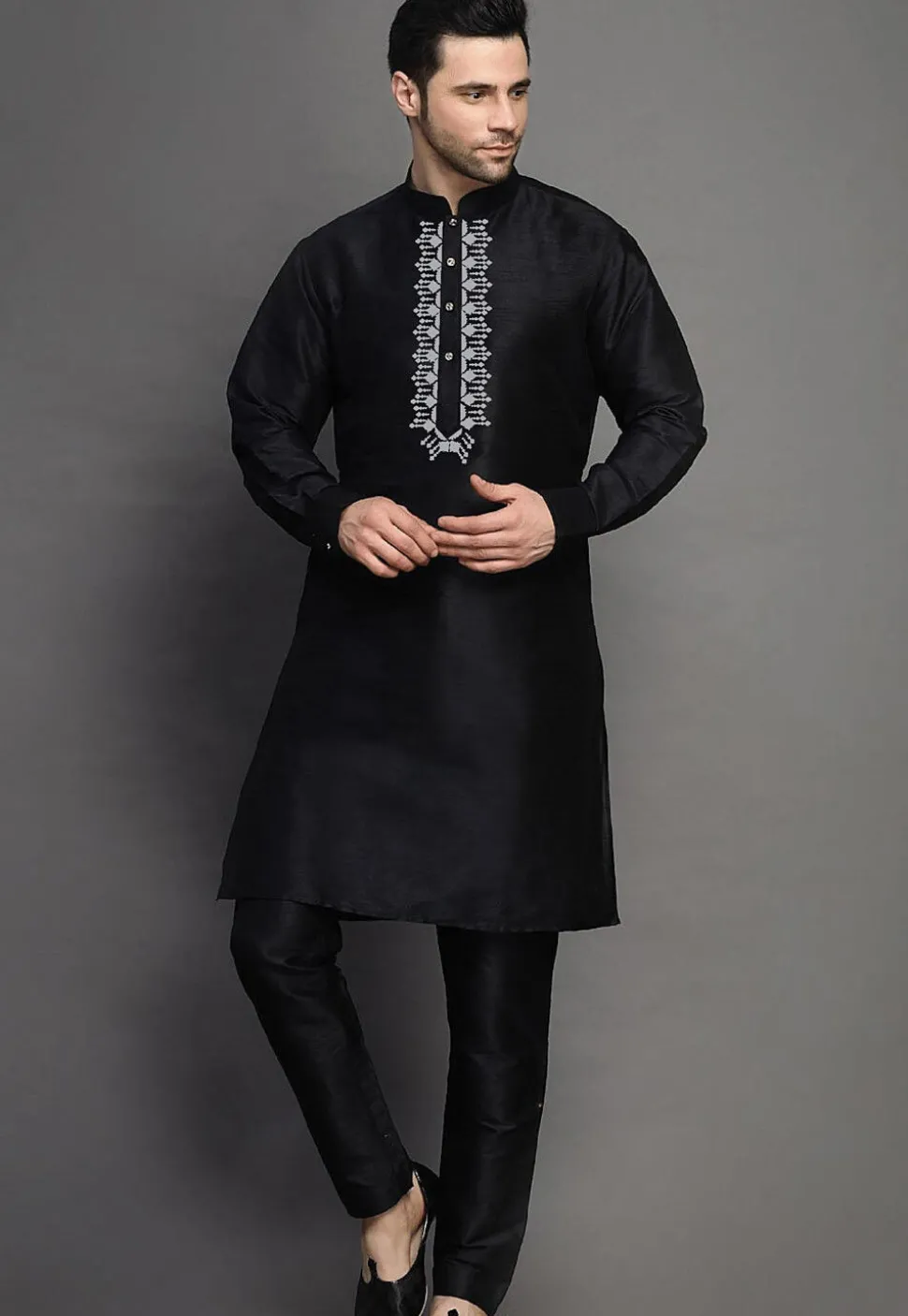 Embroidered Art Silk Kurta Set in Black