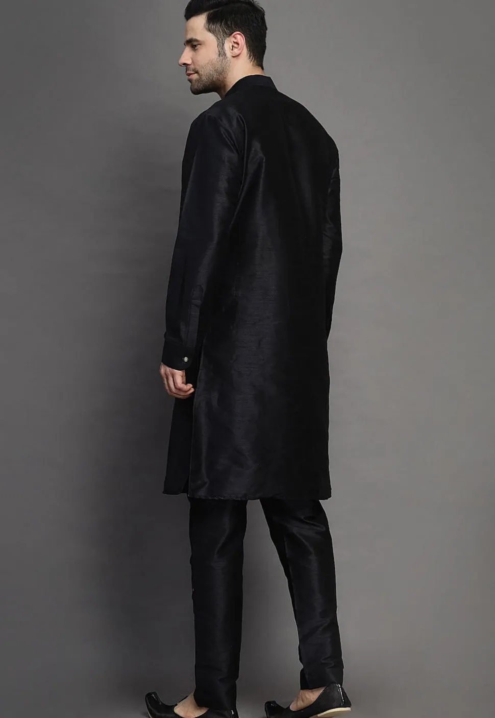 Embroidered Art Silk Kurta Set in Black