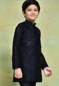 Embroidered Art Silk Kurta in Navy Blue