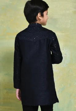 Embroidered Art Silk Kurta in Navy Blue