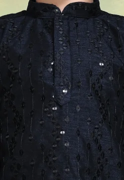 Embroidered Art Silk Kurta in Navy Blue