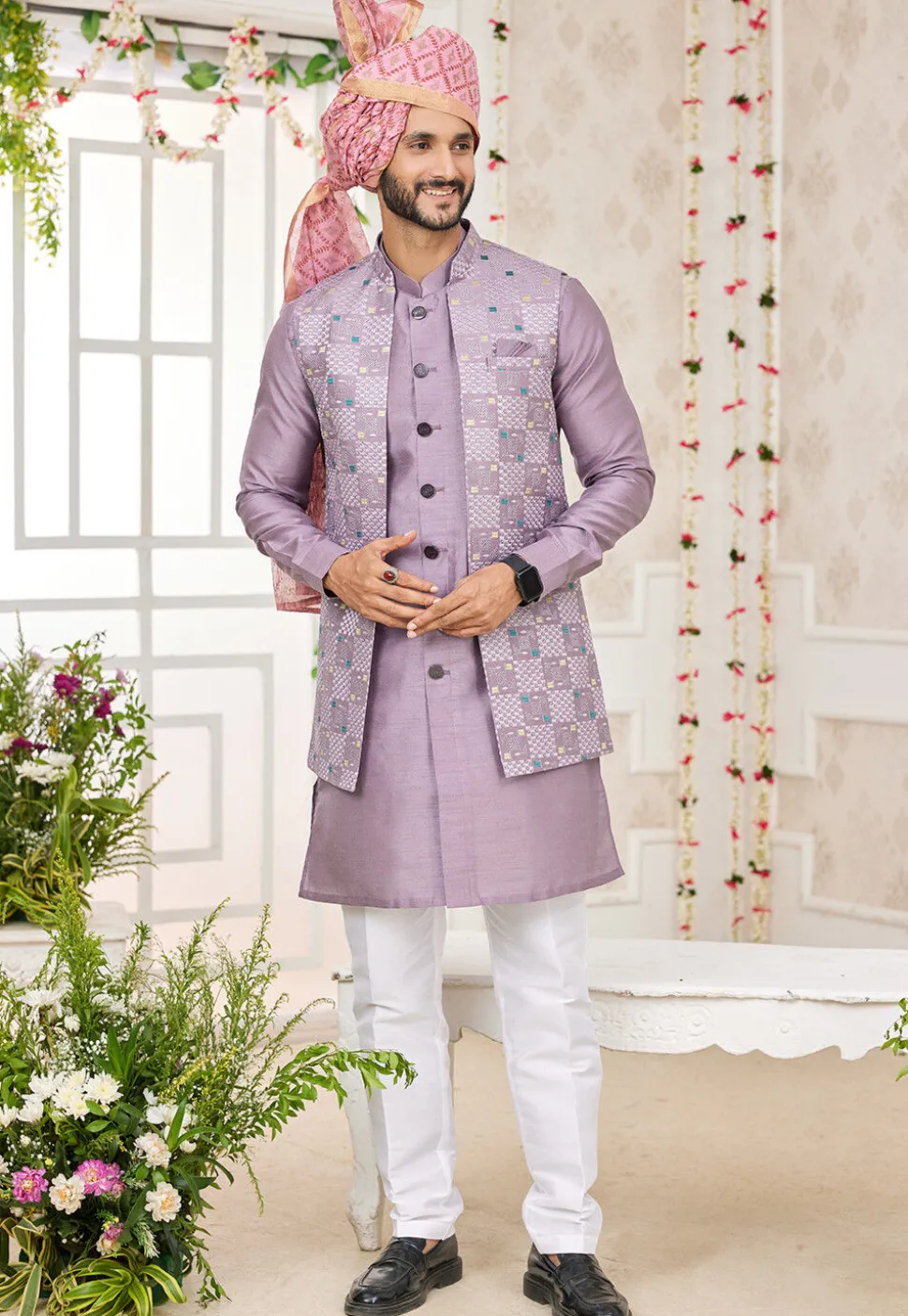 Embroidered Art Silk Kurta Set in Light Purple