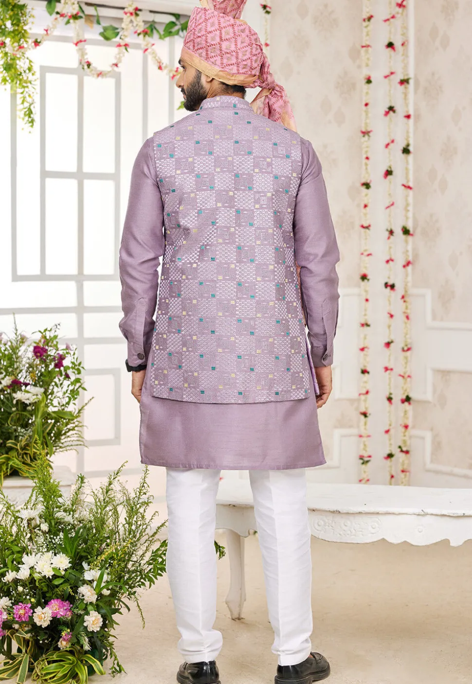 Embroidered Art Silk Kurta Set in Light Purple