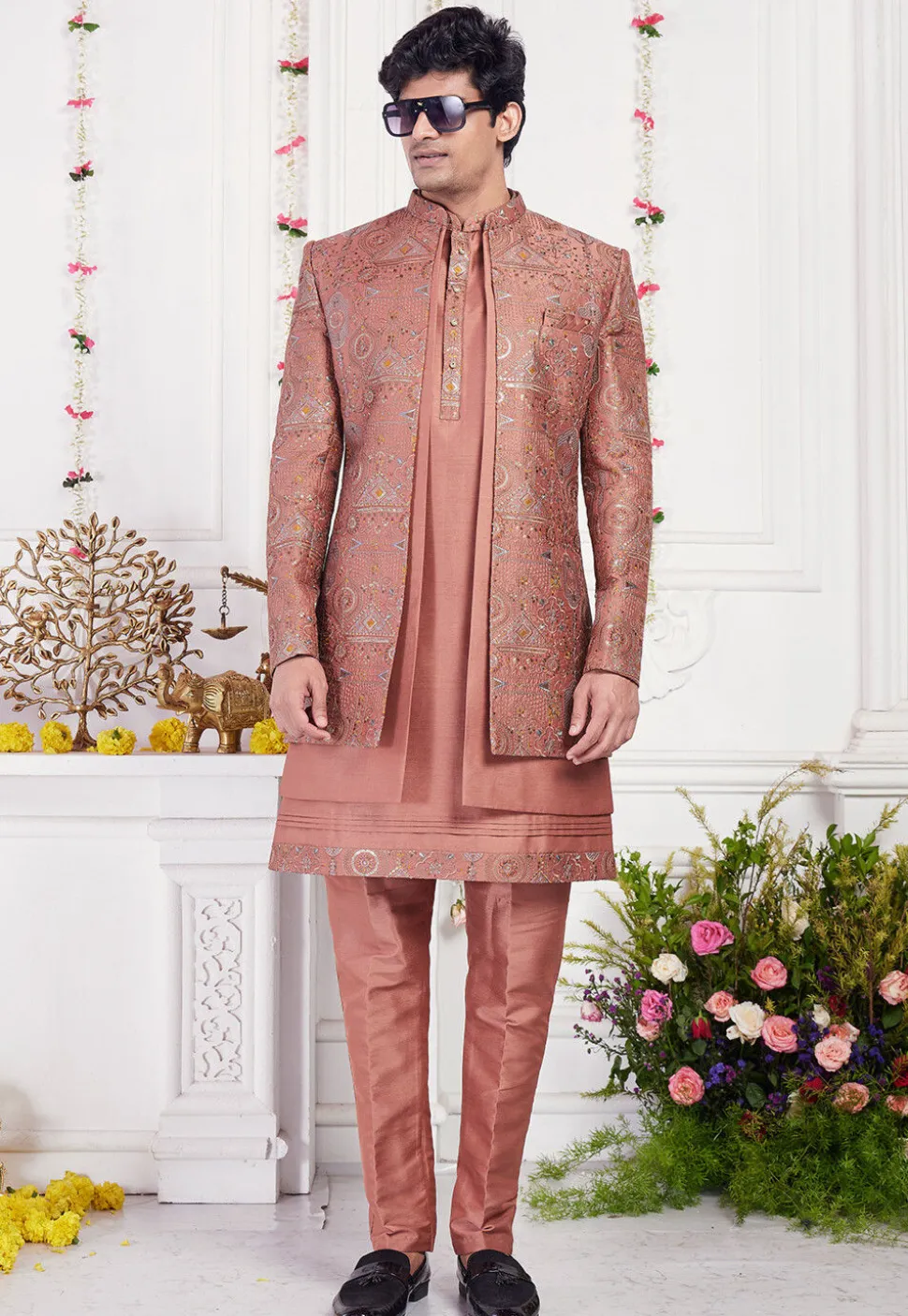 Embroidered Art Silk Kurta Set in Rust