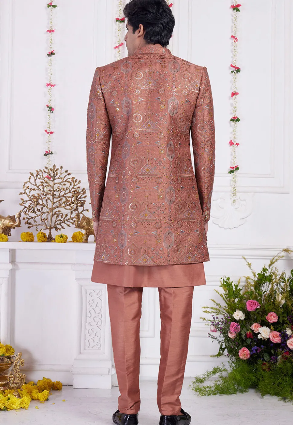 Embroidered Art Silk Kurta Set in Rust