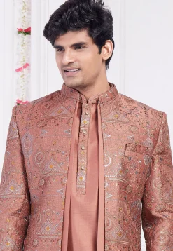 Embroidered Art Silk Kurta Set in Rust