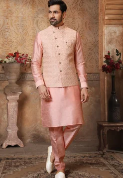 Embroidered Art Silk Kurta Jacket Set in Peach