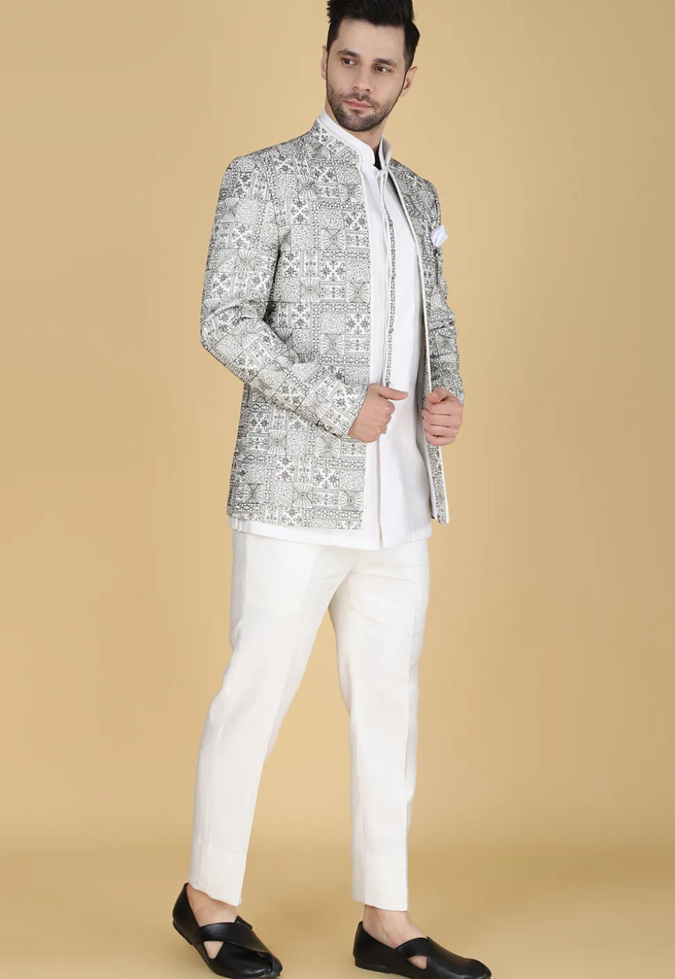 Embroidered Art Silk Kurta Set in White