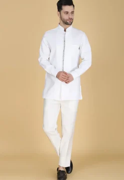 Embroidered Art Silk Kurta Set in White