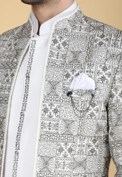 Embroidered Art Silk Kurta Set in White