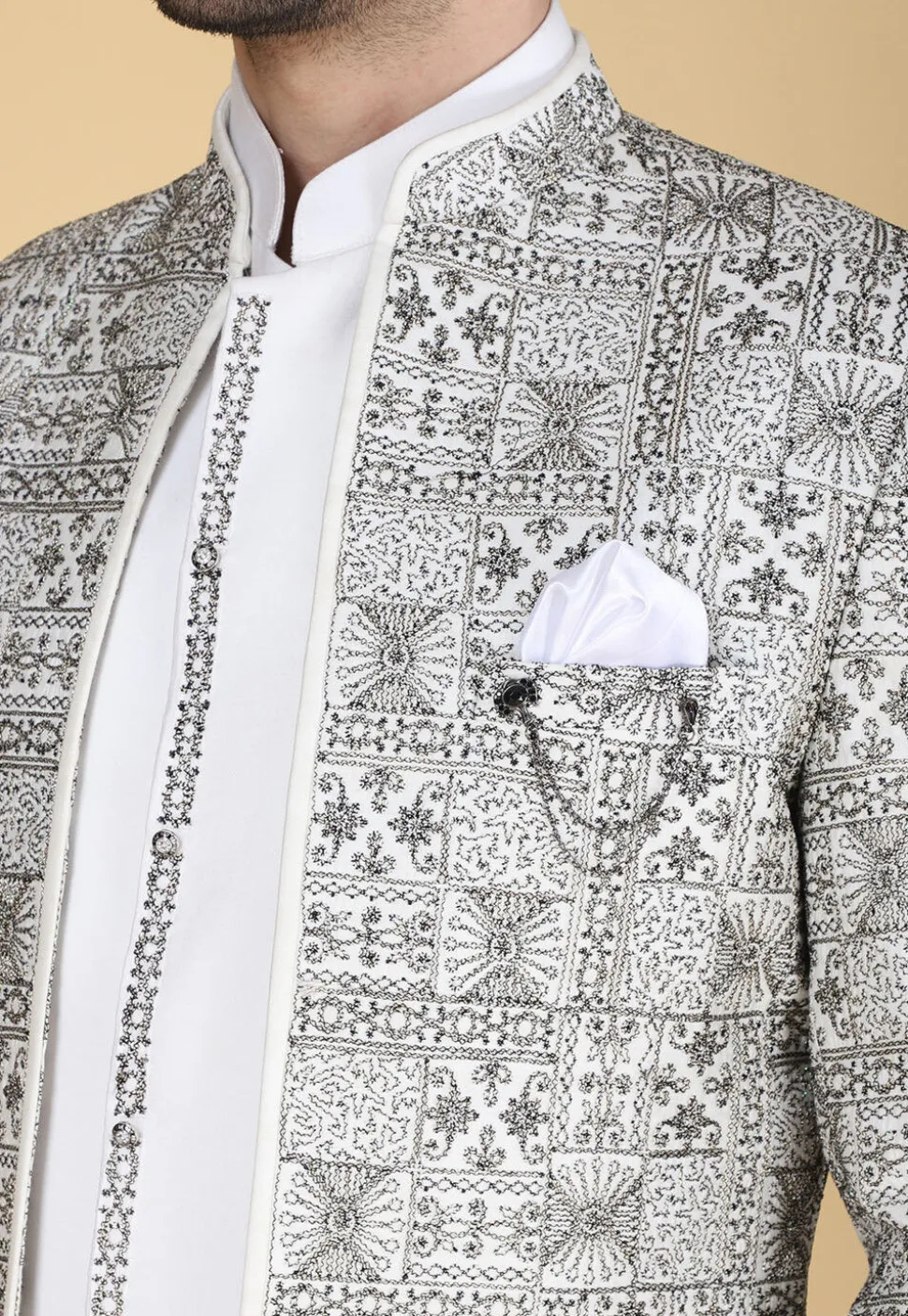 Embroidered Art Silk Kurta Set in White