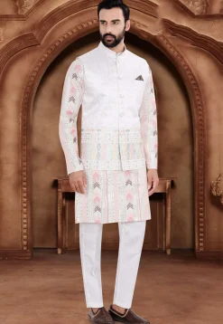 Embroidered Art Silk Kurta Set in Off White