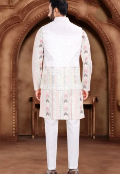 Embroidered Art Silk Kurta Set in Off White