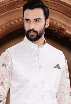 Embroidered Art Silk Kurta Set in Off White