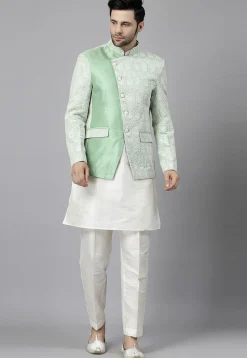 Embroidered Art Silk Kurta Set in Off White and Light Green