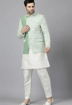 Embroidered Art Silk Kurta Set in Off White and Light Green