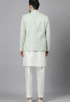 Embroidered Art Silk Kurta Set in Off White and Light Green