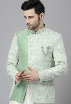 Embroidered Art Silk Kurta Set in Off White and Light Green