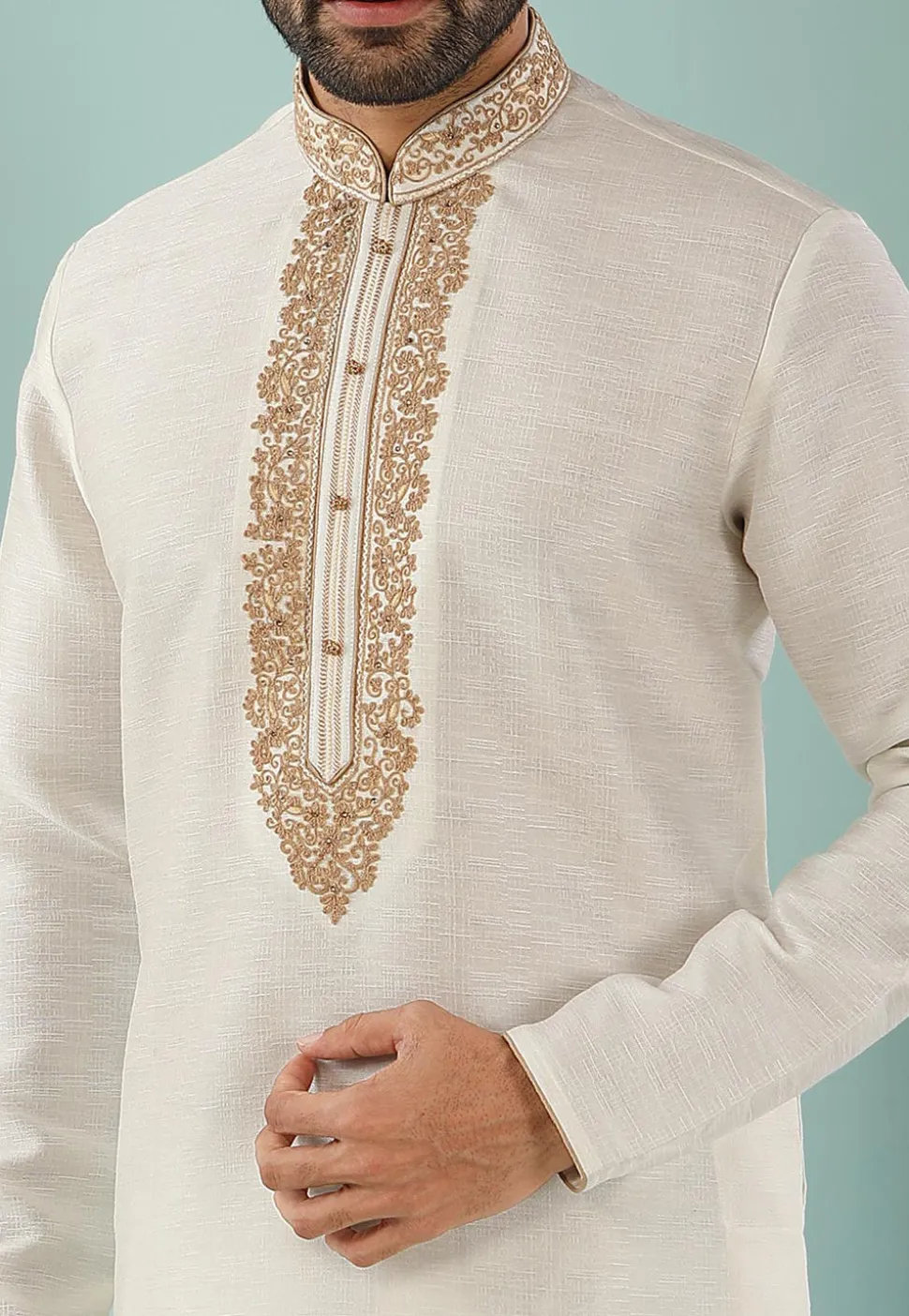 Embroidered Art Silk Kurta Set in Off White