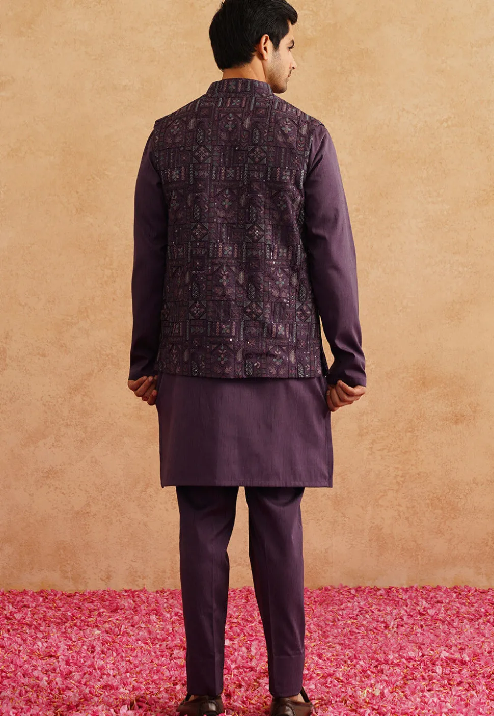 Embroidered Art Silk Kurta Set in Violet