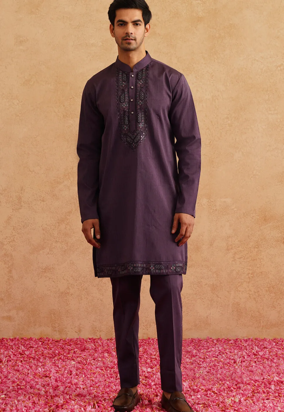 Embroidered Art Silk Kurta Set in Violet