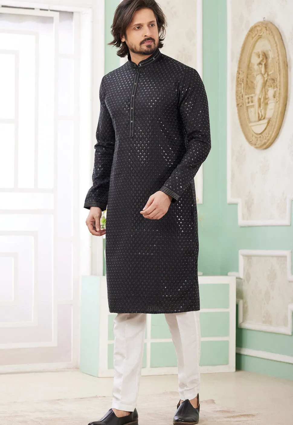 Embroidered Art Silk Kurta Set in Black