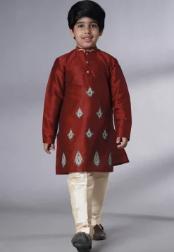 Embroidered Art Silk Kurta Set in Maroon