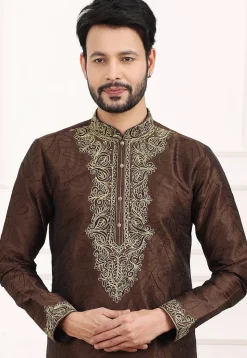 Embroidered Art Silk Kurta Set in Brown