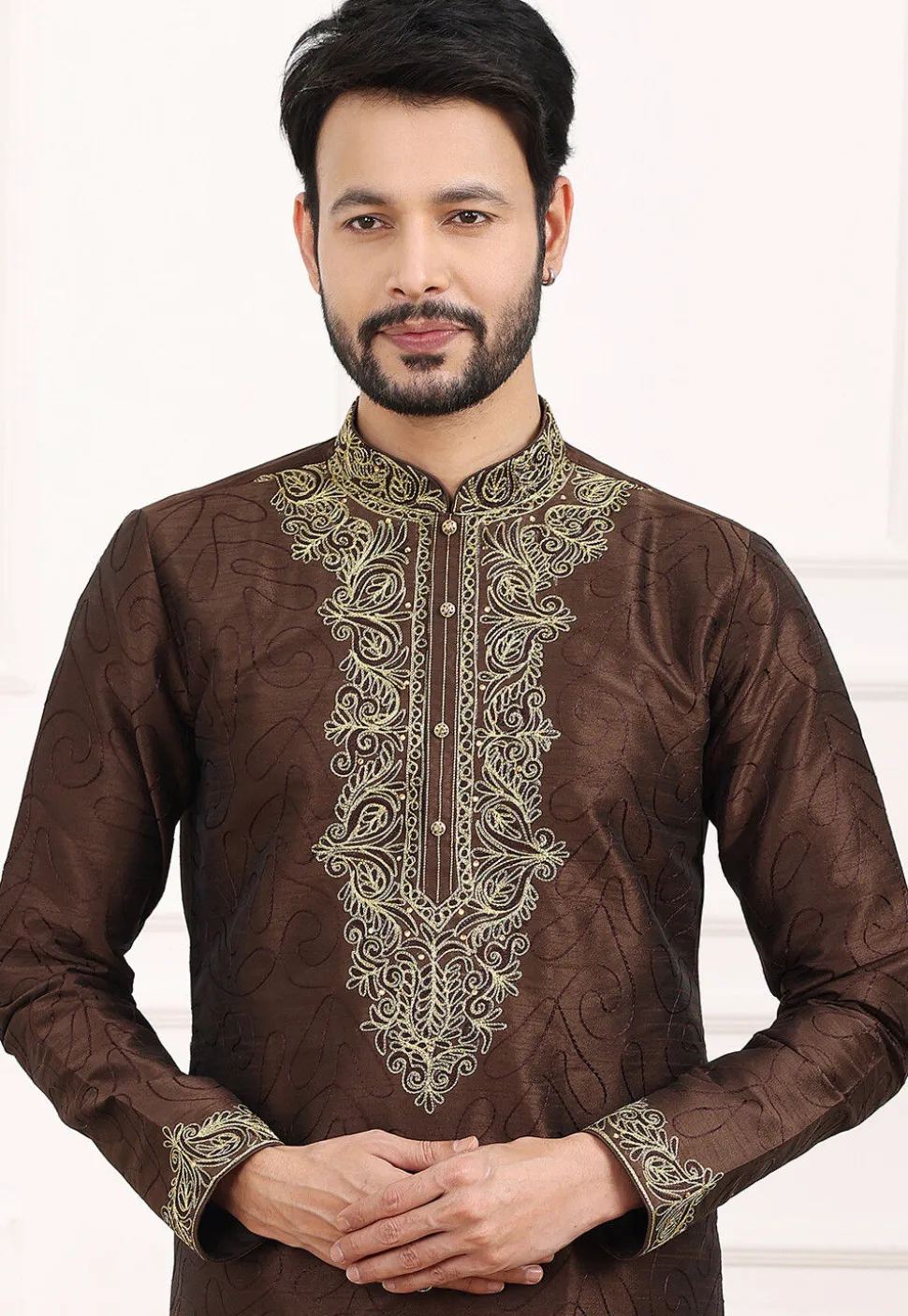 Embroidered Art Silk Kurta Set in Brown