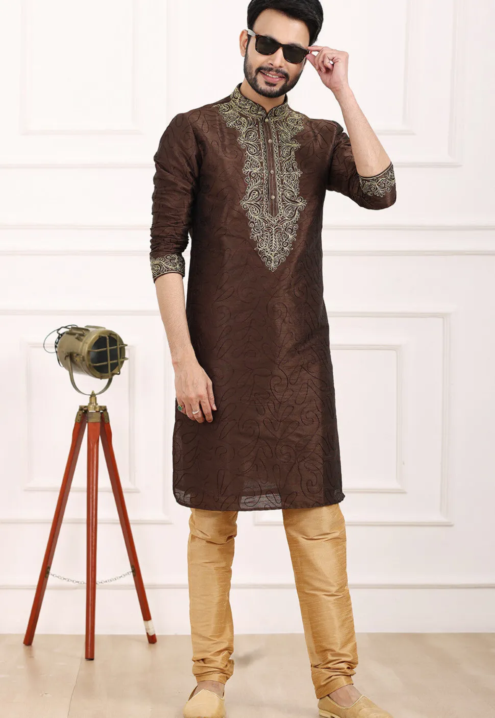 Embroidered Art Silk Kurta Set in Brown