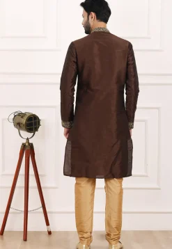Embroidered Art Silk Kurta Set in Brown