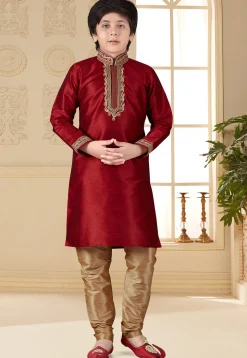 Embroidered Art Silk Kurta Set in Maroon
