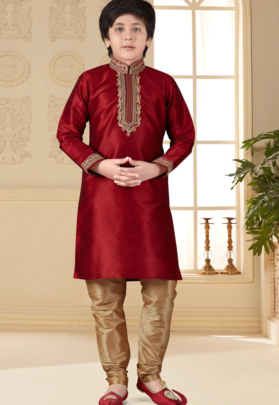 Embroidered Art Silk Kurta Set in Maroon