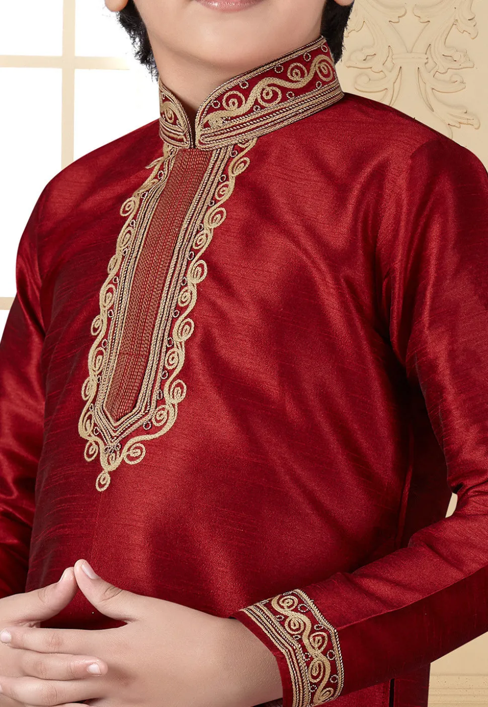 Embroidered Art Silk Kurta Set in Maroon