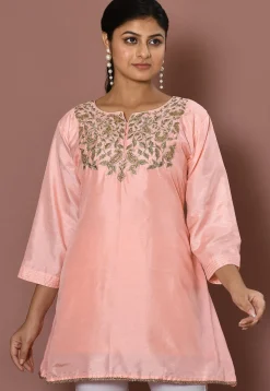 Embroidered Art Silk Kurti in Peach