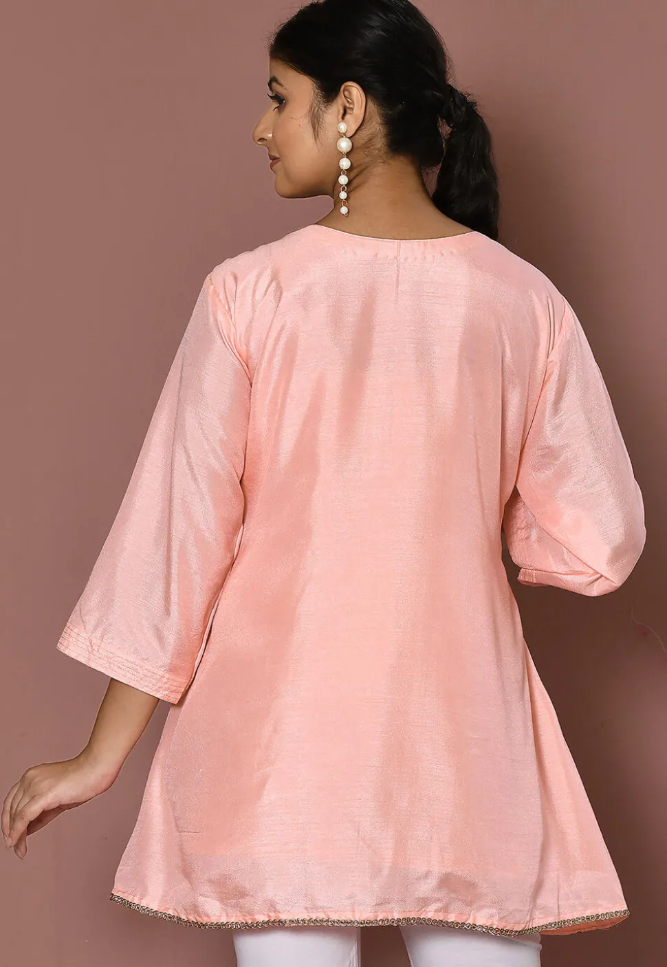 Embroidered Art Silk Kurti in Peach
