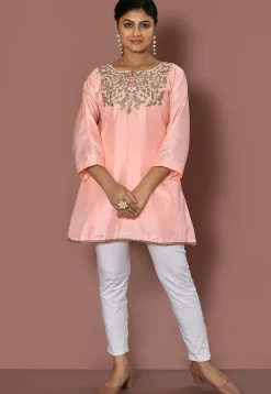Embroidered Art Silk Kurti in Peach