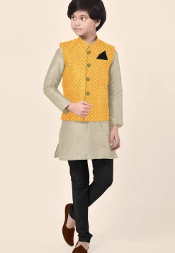 Embroidered Art Silk Kurta Set in Beige