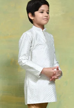 Embroidered Art Silk Kurta in Off White