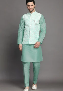 Embroidered Art Silk Kurta Jacket Set in Sky Blue