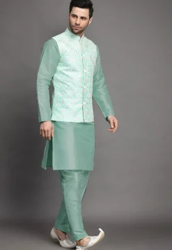 Embroidered Art Silk Kurta Jacket Set in Sky Blue