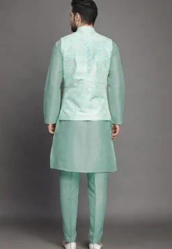 Embroidered Art Silk Kurta Jacket Set in Sky Blue
