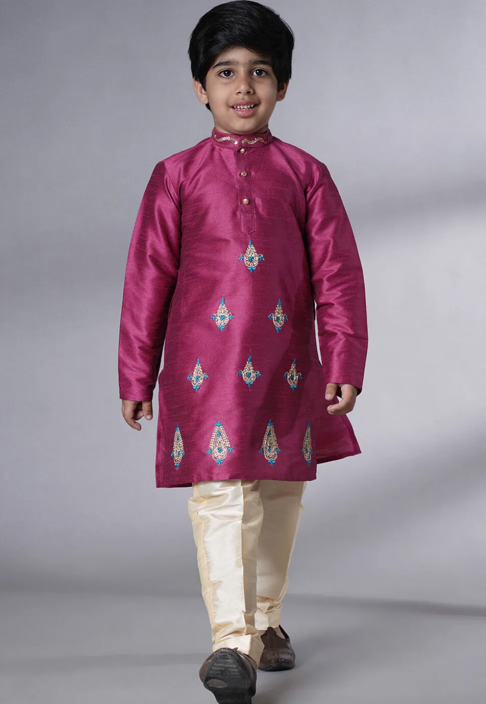 Embroidered Art Silk Kurta Set in Magenta