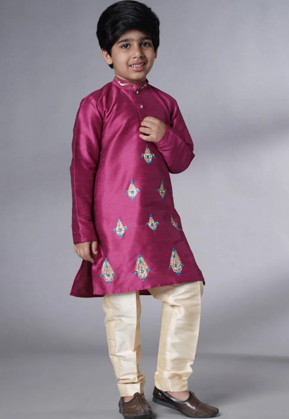 Embroidered Art Silk Kurta Set in Magenta