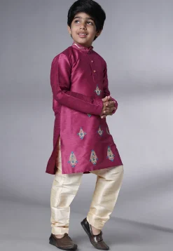 Embroidered Art Silk Kurta Set in Magenta