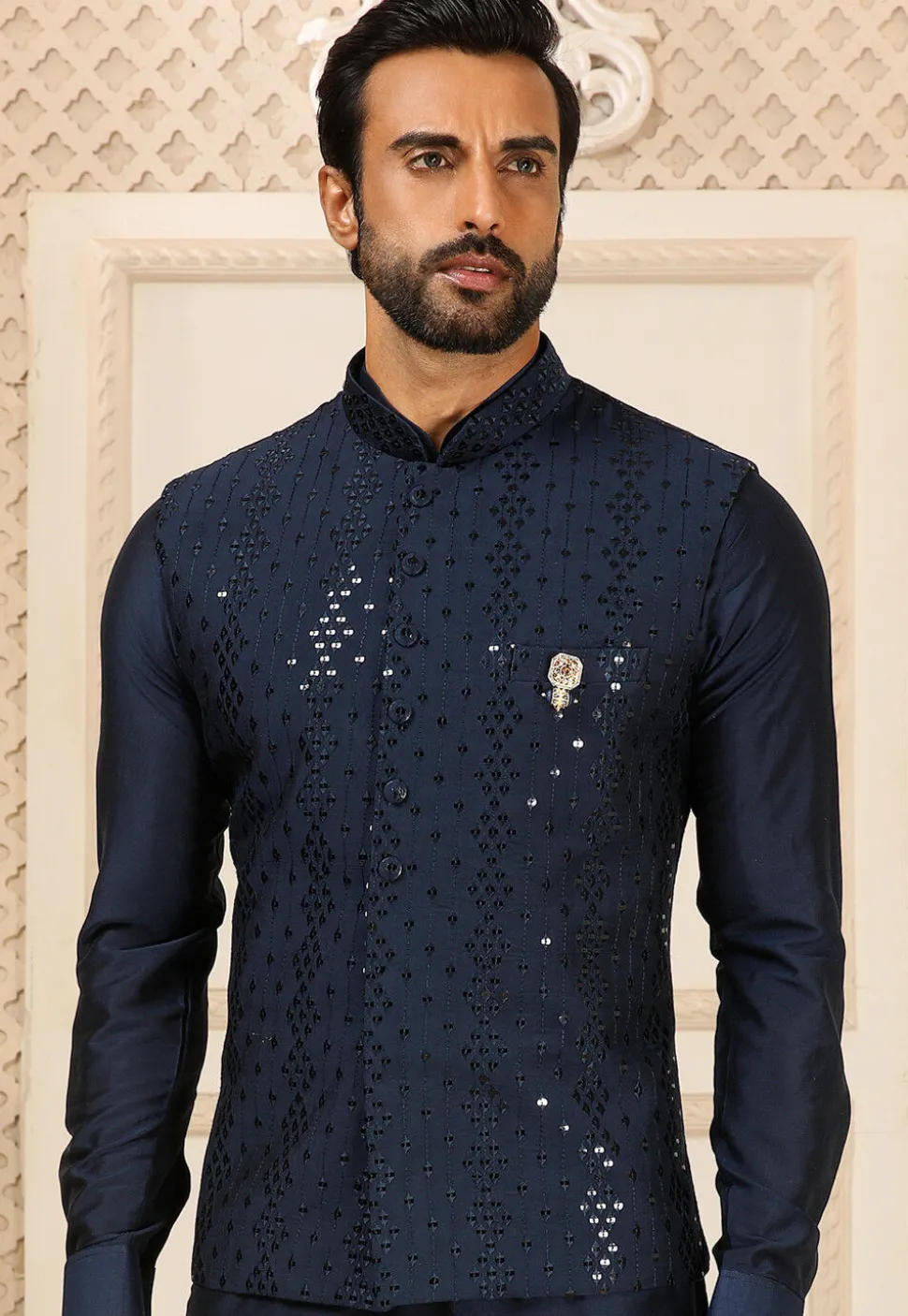 Embroidered Art Silk Kurta Jacket Set in Navy Blue