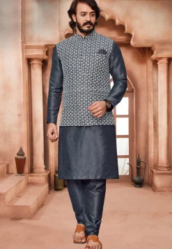 Embroidered Art Silk Kurta Jacket Set in Grey
