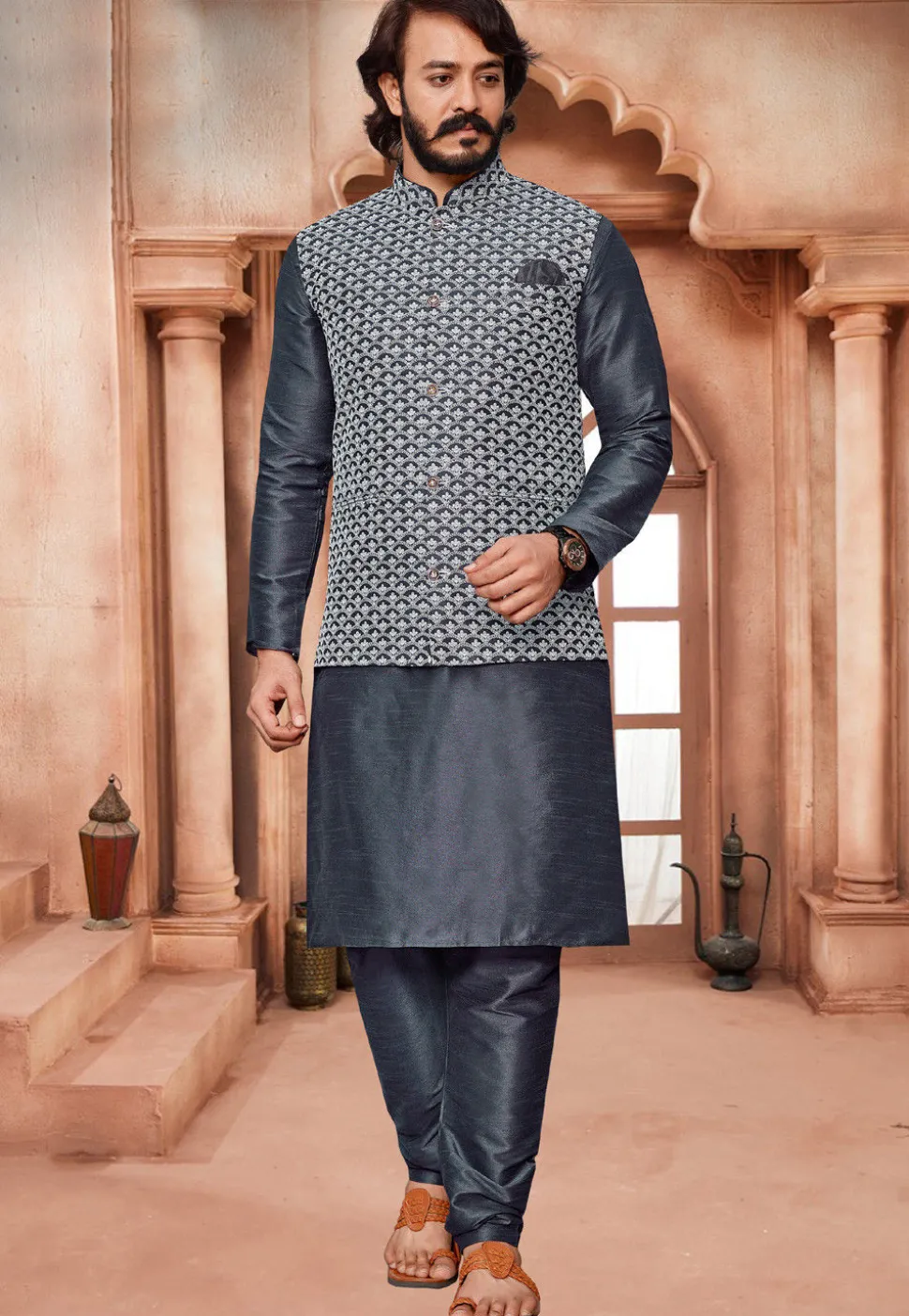 Embroidered Art Silk Kurta Jacket Set in Grey