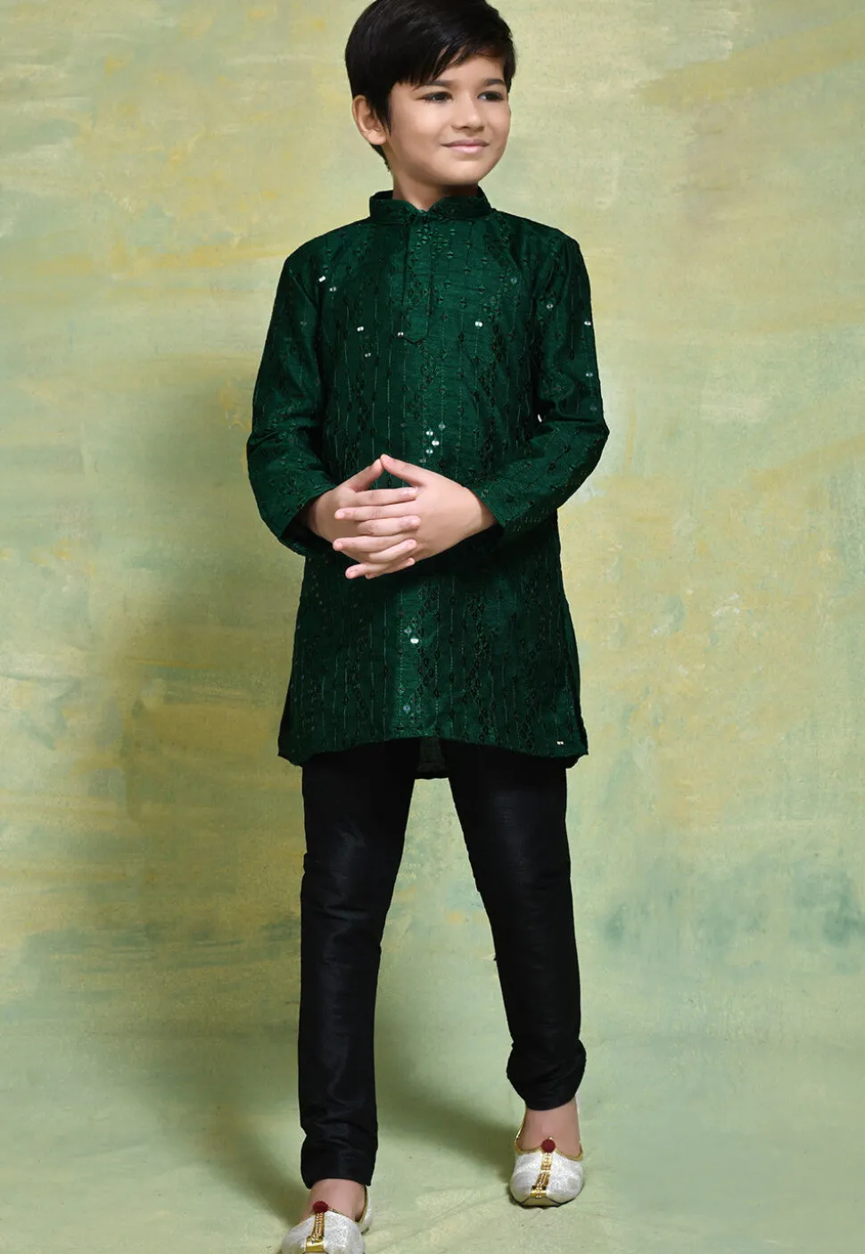 Embroidered Art Silk Kurta Set in Dark Green